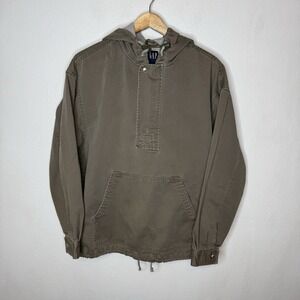 Gap Y2K Hooded Pullover Anorak Jacket Pocket Mens Small Brown Green Cotton Gorp